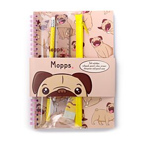 Zestaw papierniczy - notes i piórnik-ołówek, linijka, gumka i temperówka-Mops