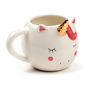 Kubek ceramiczny w kształcie białego zaczarowanego tęczowego jednorożca