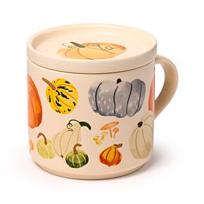 Zestaw porcelanowych kubków i pokrywek z motywem jesiennych zbiorów