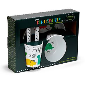Zestaw 5-butelka,miska,kubek,talerzyk i sztućce-z recyklingu-Dinozaury 