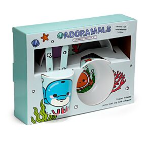 Zestaw 5-butelka,miska,kubek,talerzyk i sztućce z recyklingu –Adoramals Sealife