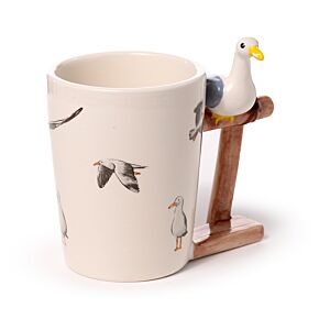 Kubek ceramiczny z uchwytem w kształcie mewy siedzącej na balustardzie