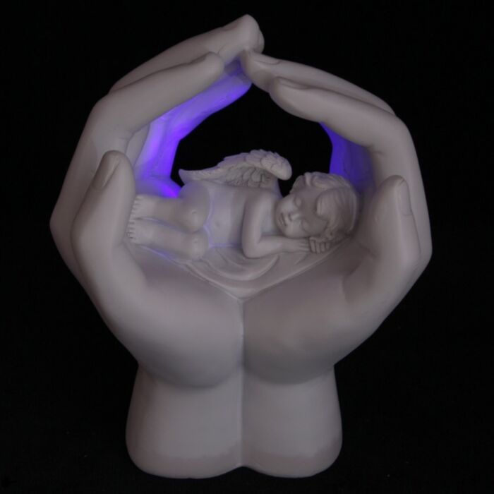 Figurka z LED -"Aniołek śpiący w dłoniach"