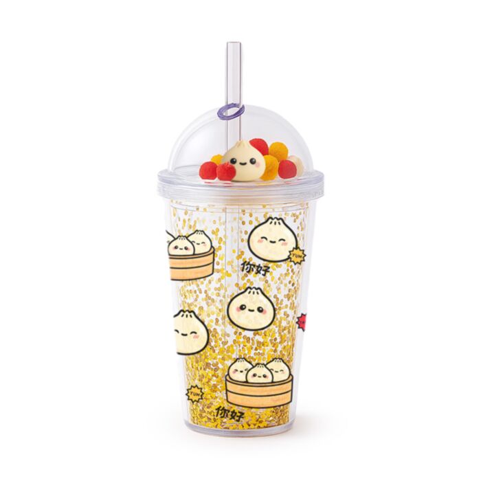 Kubek z podwójnymi ściankami, słomką i zawieszkami Foodiemals Bao