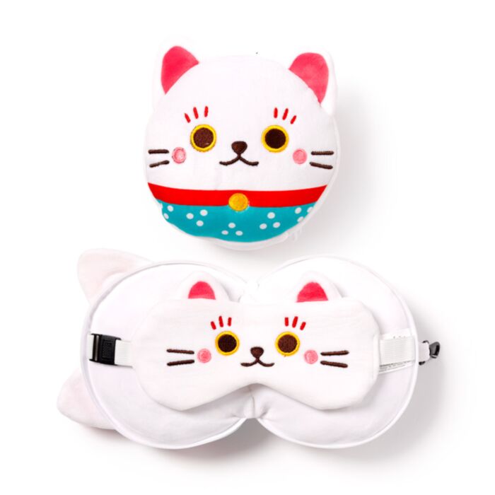 Poduszka podróżna Relaxeazzz z maską na oczy Maneki Neko Lucky Cat