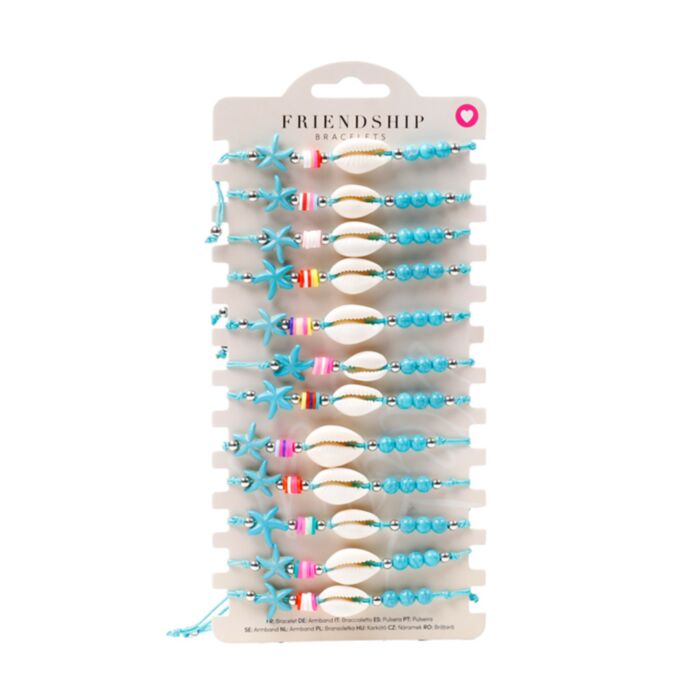 Modne bransoletki z niebieskiego sznurka z muszelką