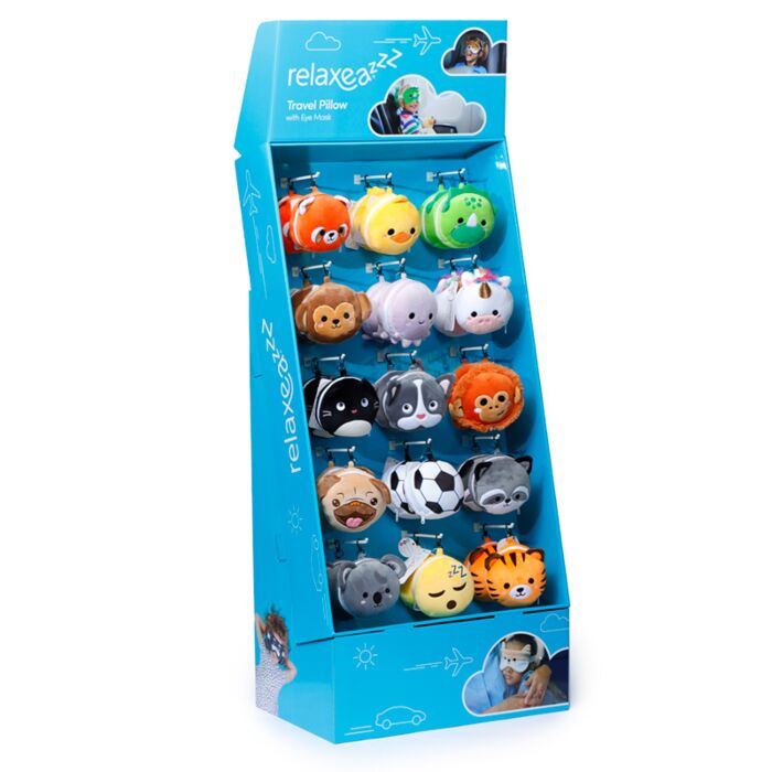 Ekspzytor na poduszki podróżne z opaskami na oczy serii Relaxeazzz (15 sztuk)