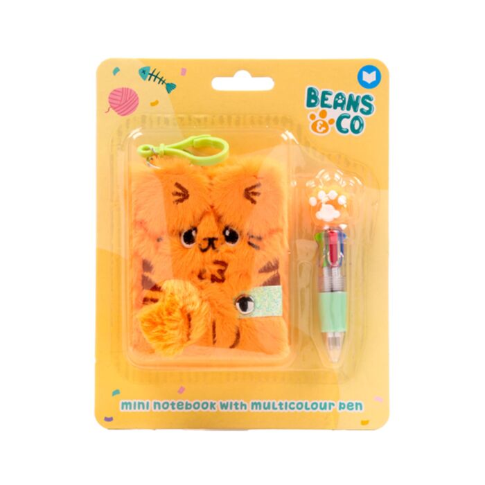 Notatnik pluszowy mini A7 z długopisem wielokolorowym - Beans & Co Cat